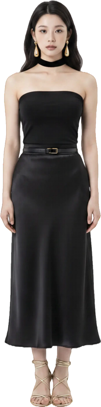 A black slip dress photographed against a plain background, catalogued from a real wardrobe