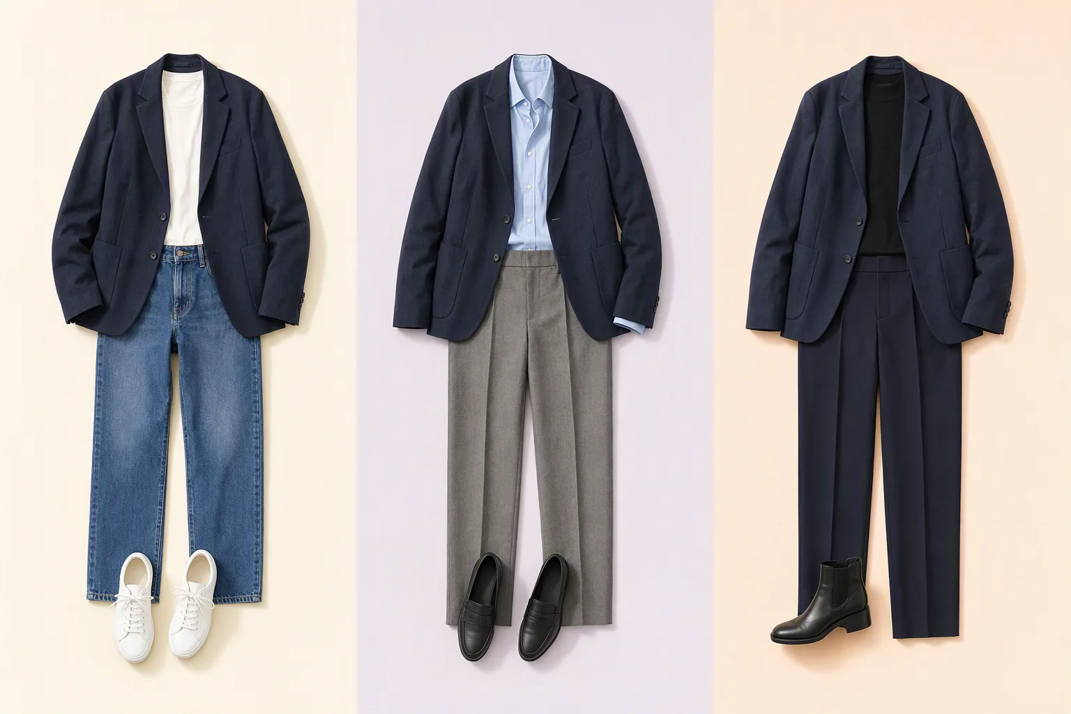 Le même blazer marine en versions décontractée, bureau et dîner