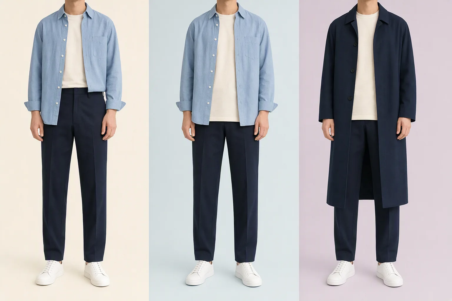Une base T-shirt et pantalon avec chemise ouverte ou manteau long et chaussures plates