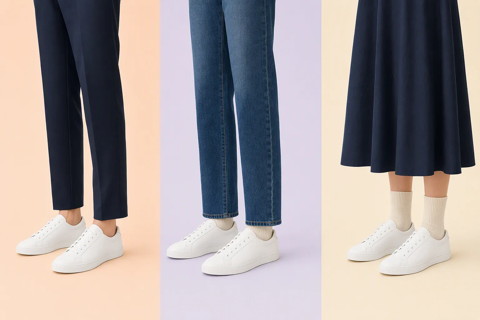 Les mêmes baskets blanches avec pantalon à la cheville, pantalon long et robe midi
