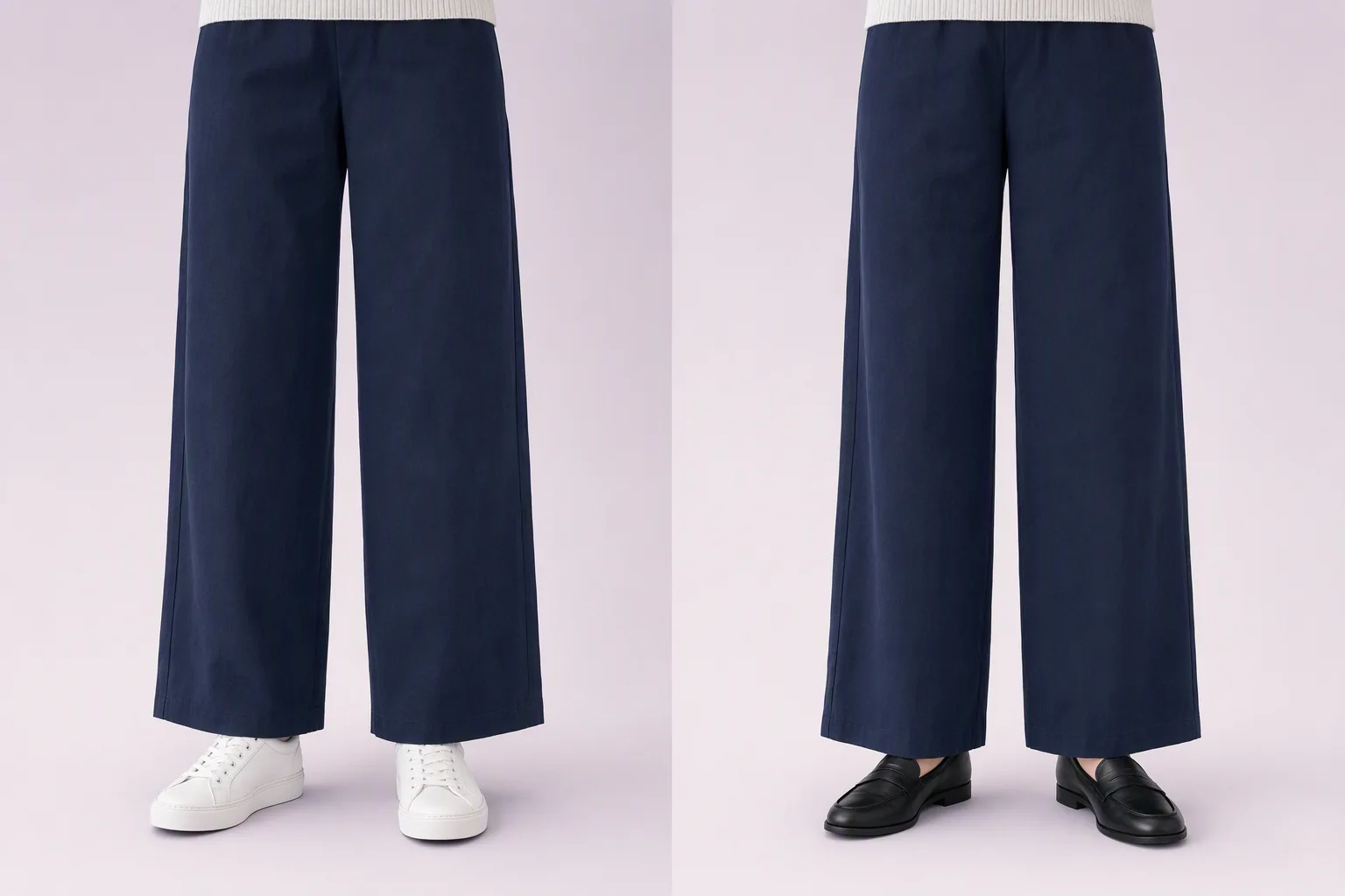 Le même pantalon large avec baskets et mocassins, pour comparer la hauteur de l’ourlet au-dessus du sol