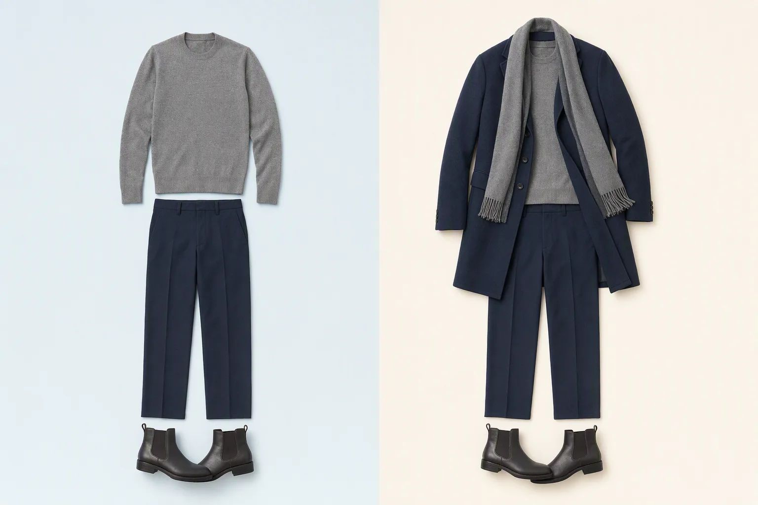 Une base maille et pantalon, seule ou avec manteau et écharpe
