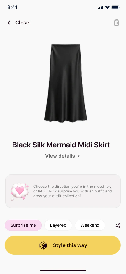 A black silk midi skirt open in FITPOP, with the outfits it can be styled into