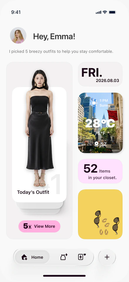 The FITPOP home screen showing the outfits picked for today from clothes already owned